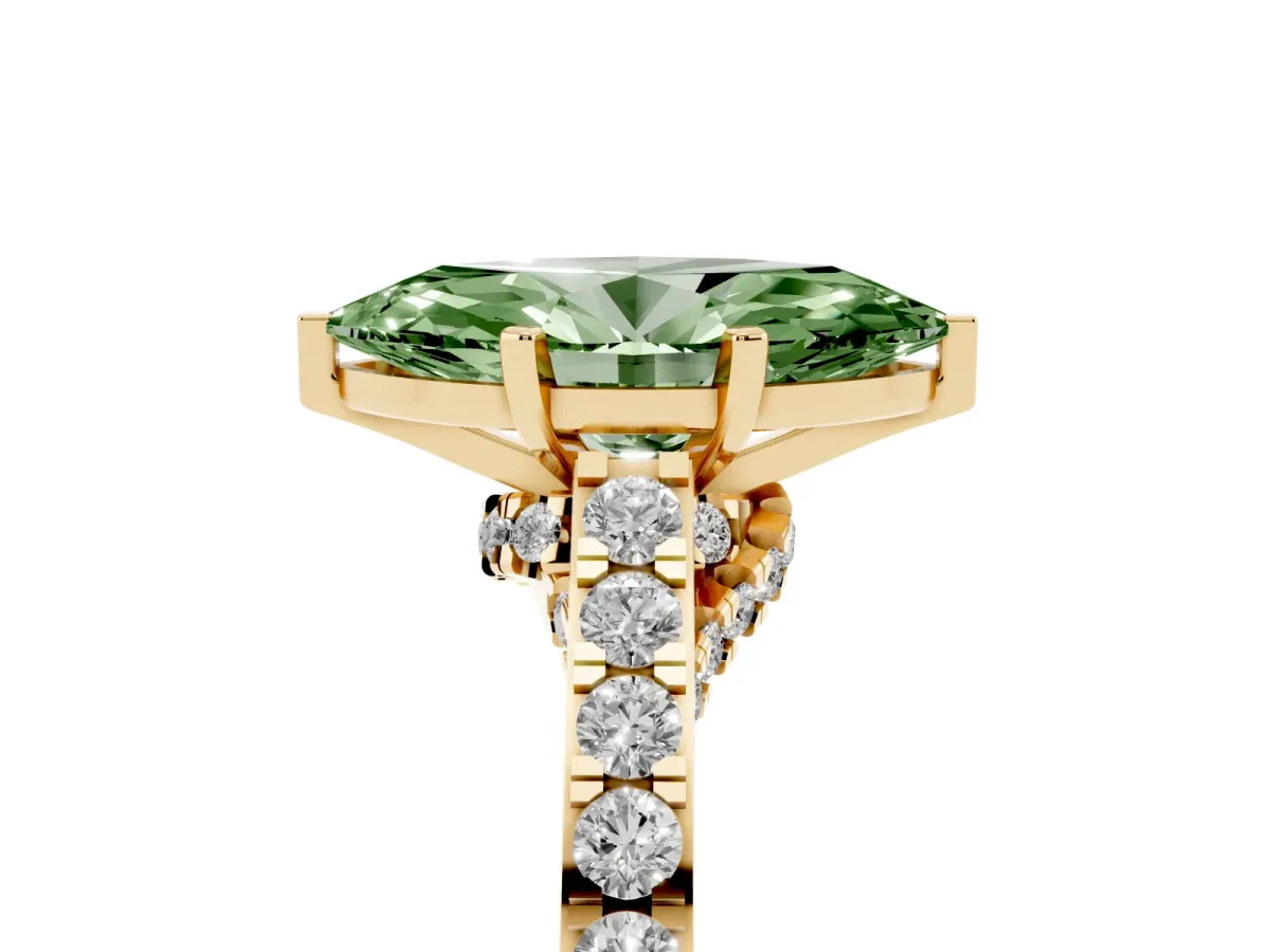Fancy Green Marquise Cut Diamond Solitaire Ring with Crossover Gallery and Round Pavé Band Yellow gold