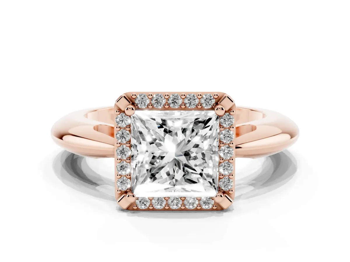 Princess Cut Cut Diamond Halo Engagement Ring with Split Shank and Four-Prong Setting Rose gold