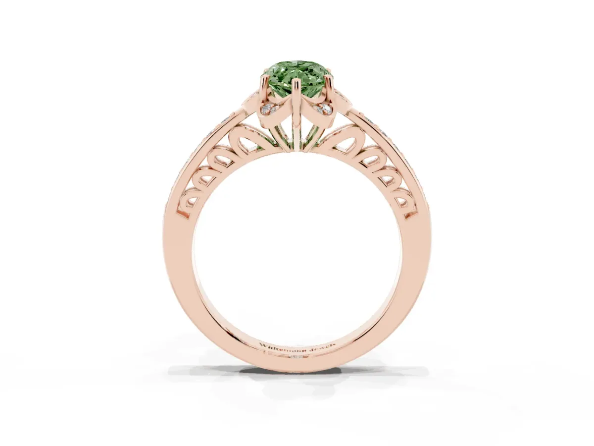 Fancy Green Marquise Cut Cut Halo Diamond Ring with Channel Set Band and Four-Prong Setting Rose gold