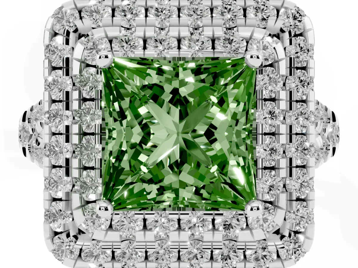 Fancy Green Double Halo Princess Cut Diamond Pavé Split Shank Ring with Prong Setting Silver