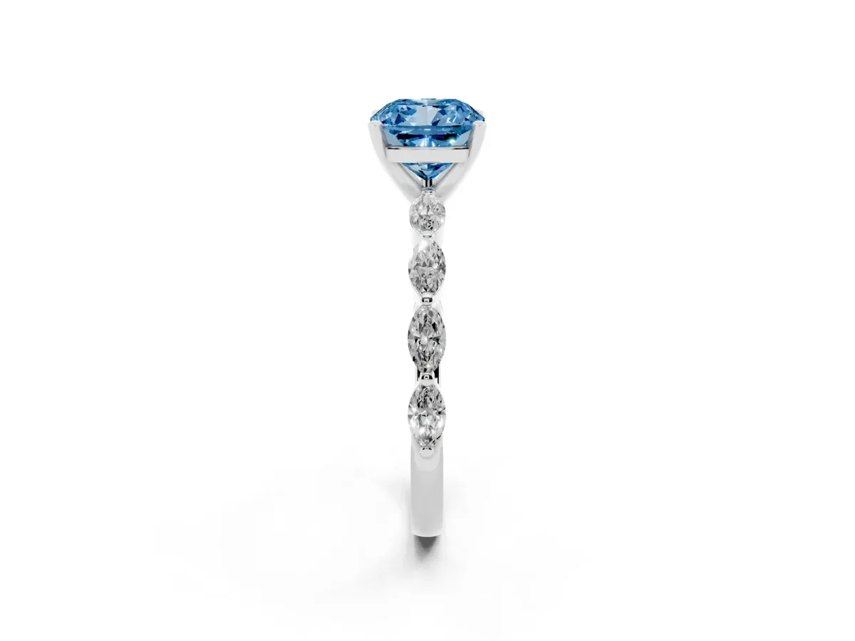 Fancy Blue Cushion Cut Diamond Ring with Marquise Side Stones and Prong Setting White gold