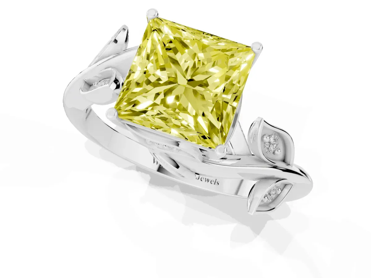 Fancy Yellow Princess Cut Solitaire Twist Engagement Ring with Leaf Accents and Prong Setting Silver