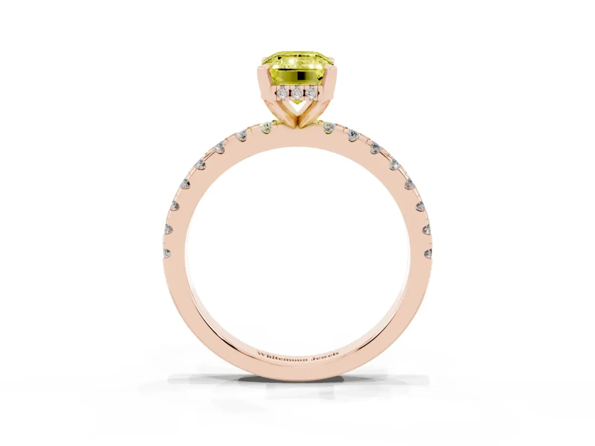 Fancy Yellow Emerald Cut Diamond Solitaire Ring with Round Pavé Band and Four-Prong Setting Rose gold