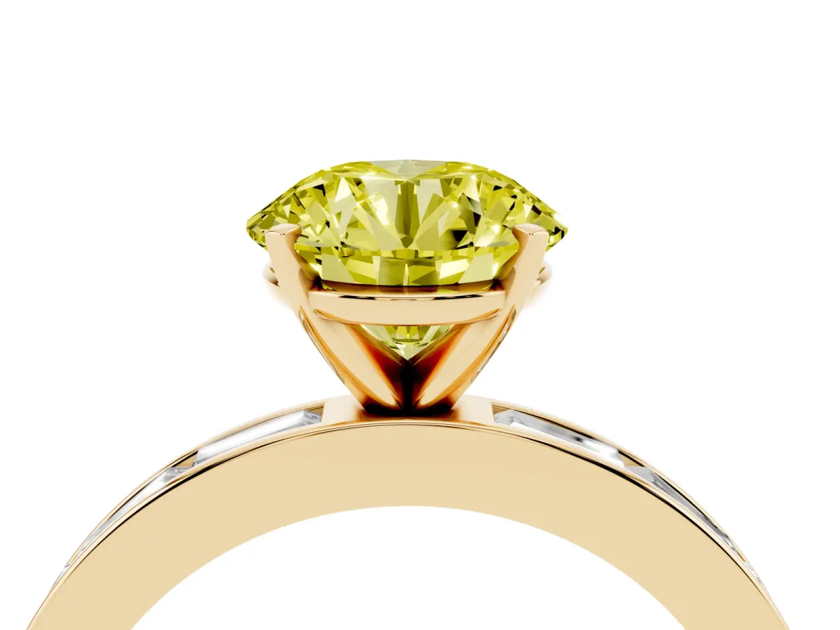 Fancy Yellow Round Cut Solitaire Diamond Ring with Channel-Set Baguette Band and Four-Prong Setting Yellow gold