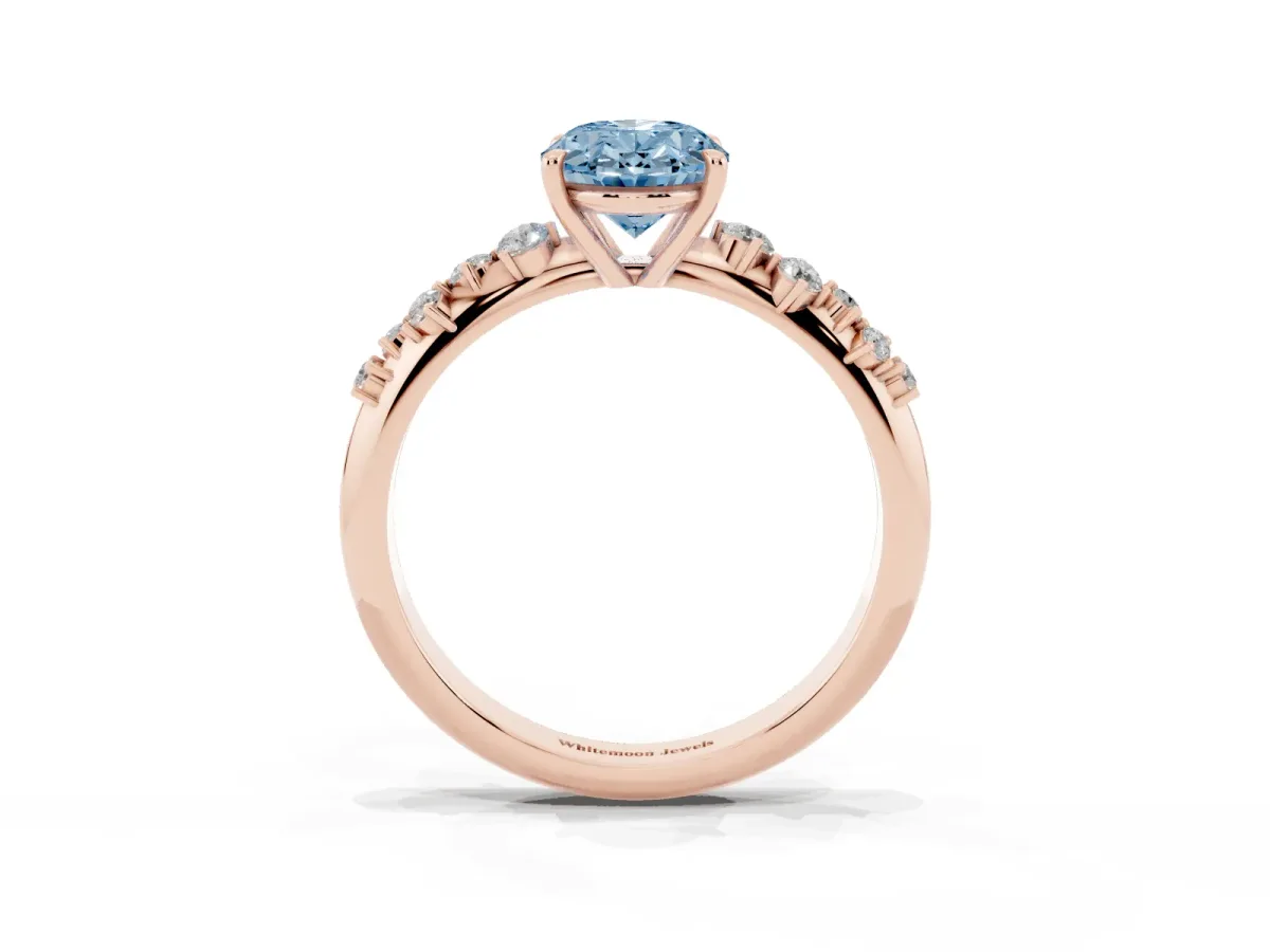 Fancy Blue Oval Cut Diamond Cluster Side Stone Solitaire Ring with Prong Setting Rose gold