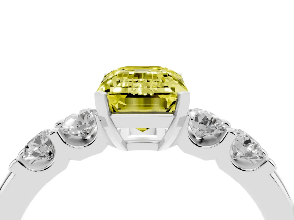Fancy Yellow Emerald Cut Brilliant Cut Diamond Five-Stone Prong Set Engagement Ring with Channel Band Silver
