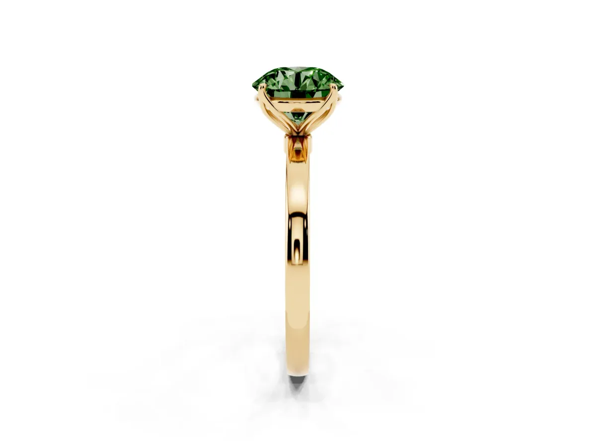 Fancy Green Round Cut Diamond Solitaire Ring with Thin Band and Prong Setting Yellow gold