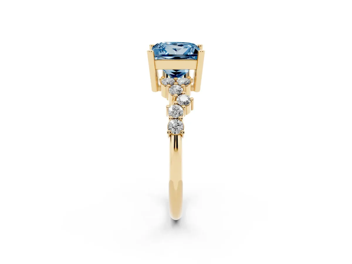 Fancy Blue Princess Cut Diamond Scattered Round Accent Ring with Prong Setting Yellow gold