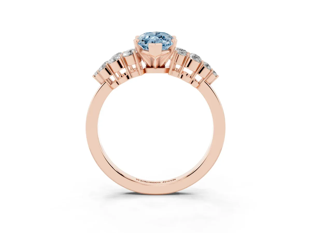 Fancy Blue Marquise Cut Cluster Diamond Engagement Ring with Pavé Band and Four-Prong Setting Rose gold