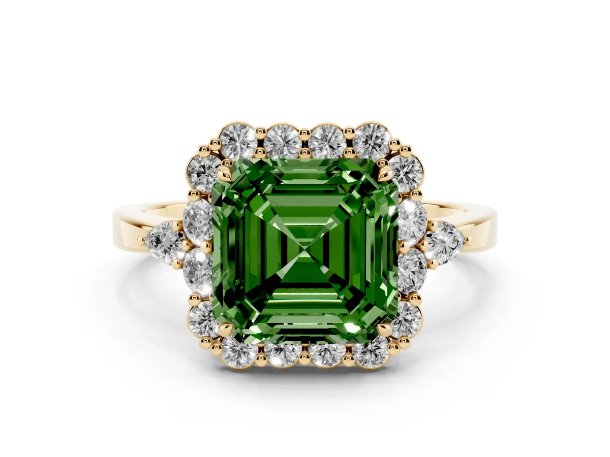 Fancy Green Asscher Cut Diamond Halo Ring with Pear Side Stones and Prong Setting Yellow gold