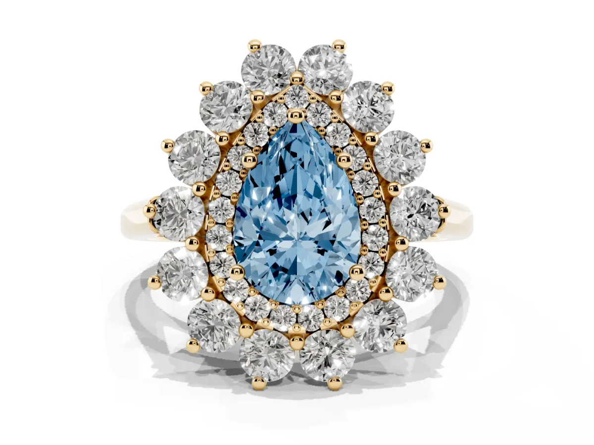 Fancy Blue Pear Cut Diamond Floral Double Halo Engagement Ring with Prong Setting Yellow gold