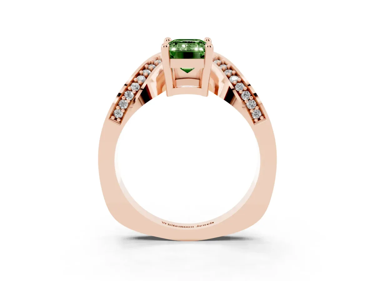 Fancy Green Emerald Cut Solitaire Diamond Engagement Ring with Pave Band and Four-Prong Setting Rose gold