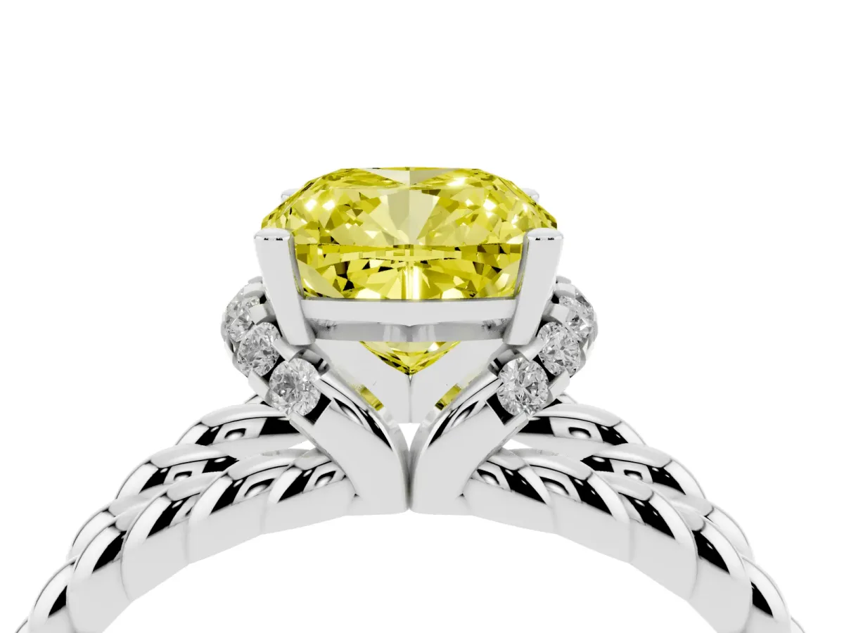 Fancy Yellow Cushion Cut Halo Twisted Band Four-Prong Ring Silver