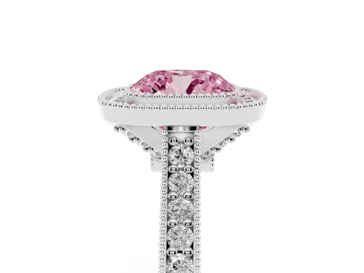 Fancy Pink Halo Cushion Cut-Cut Diamond Pave Band Milgrain Prong Setting Ring White gold
