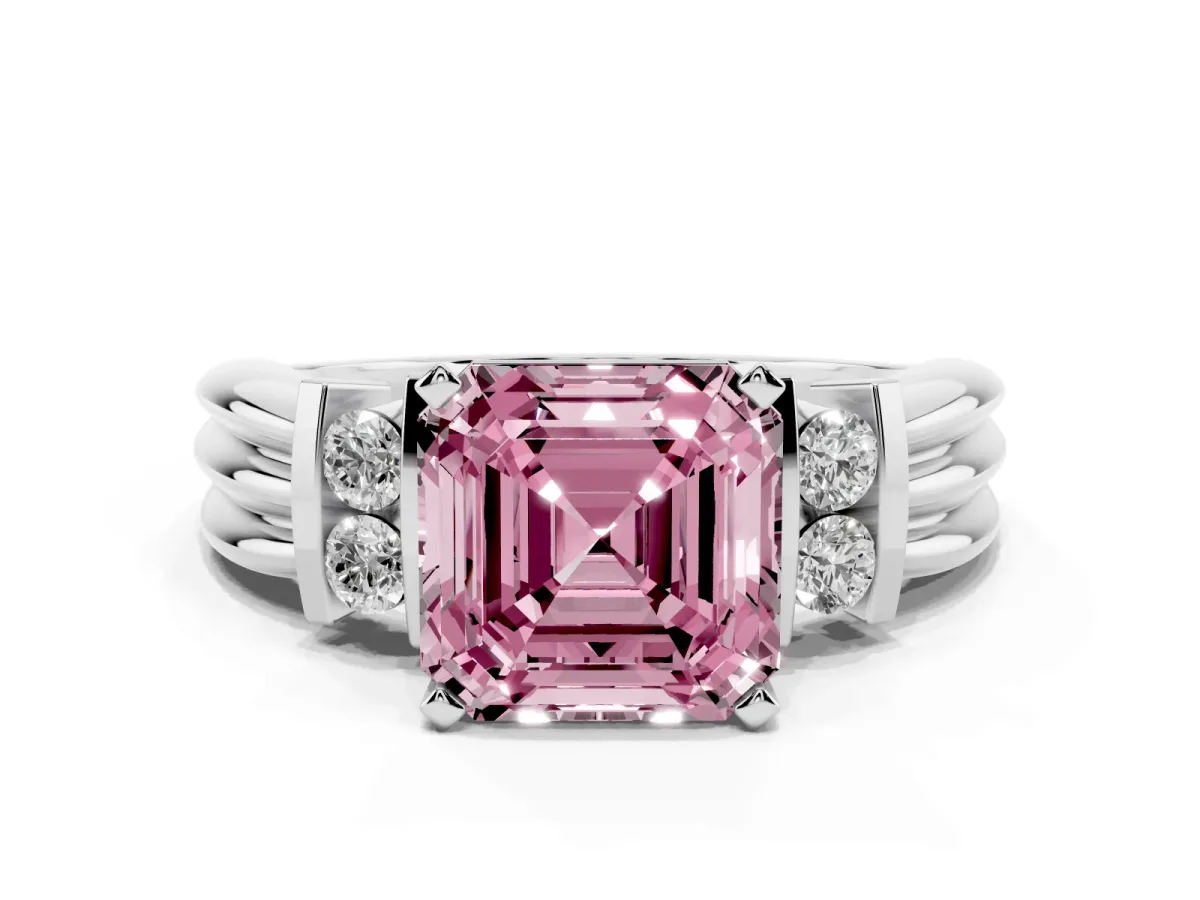 Fancy Pink Asscher Cut Cut Three-Stone Channel Set Ring with Bar Prongs Silver