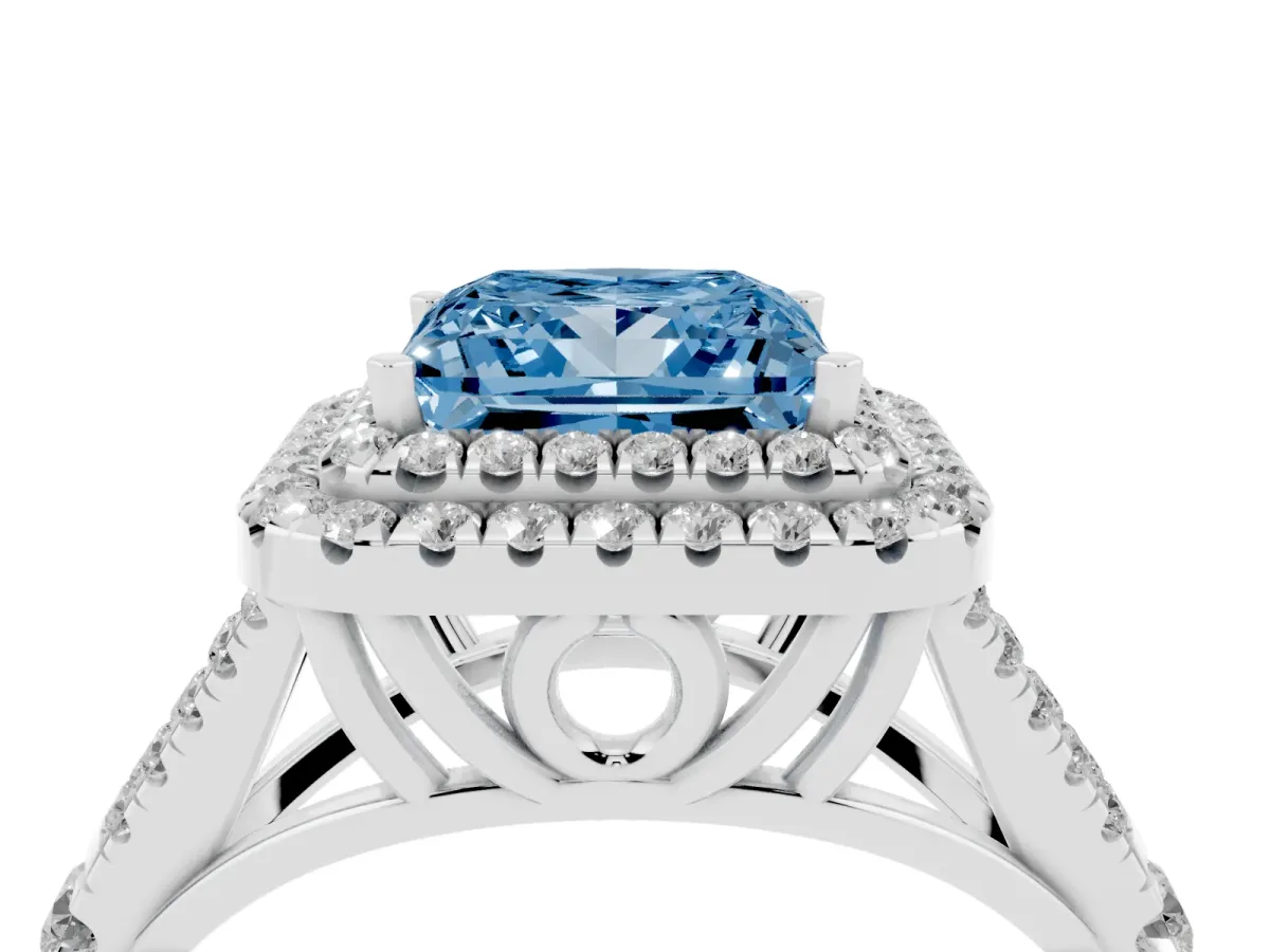 Fancy Blue Double Halo Princess Cut Diamond Split Shank Engagement Ring with Four-Prong Setting Platinum