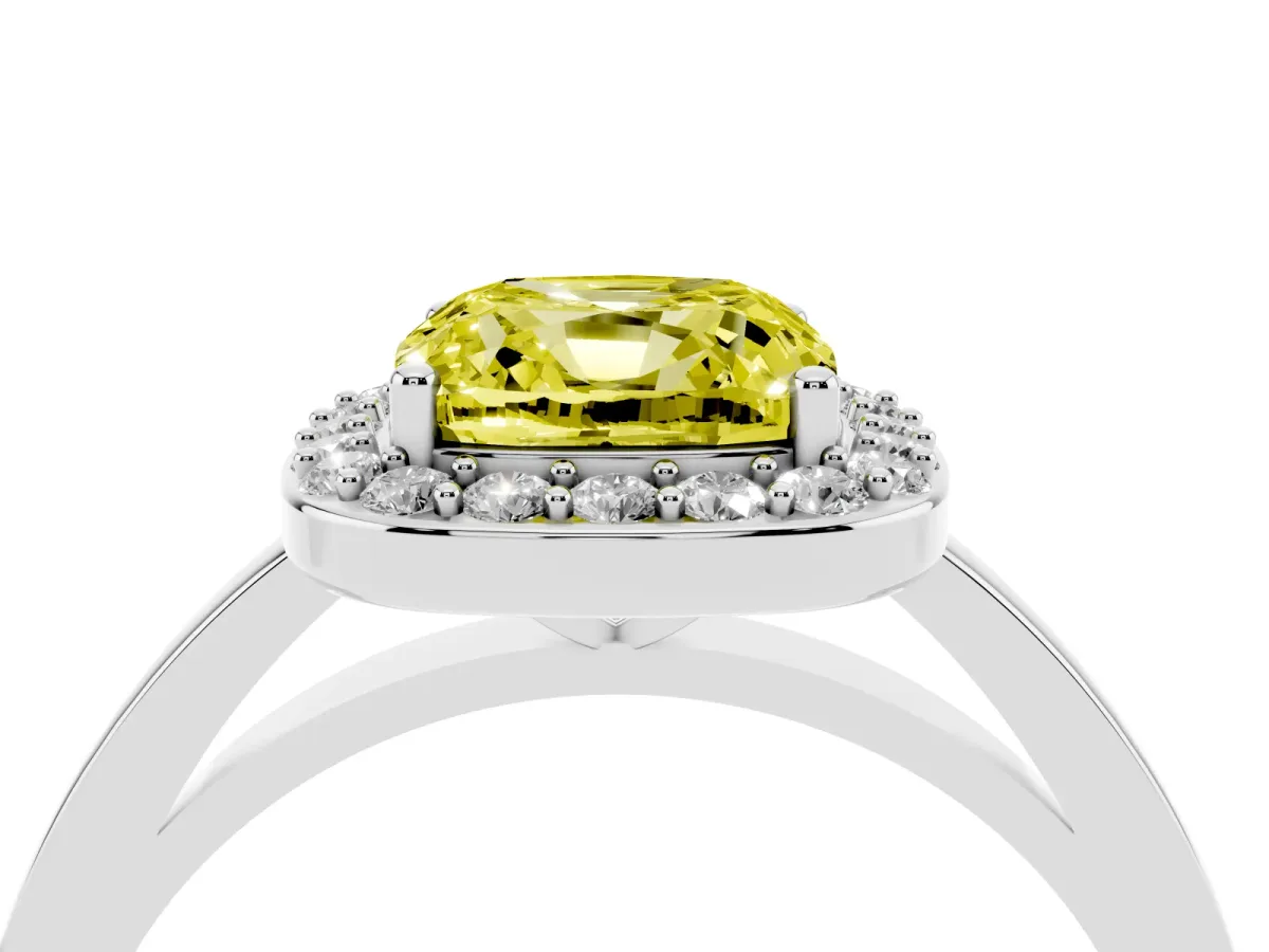 Fancy Yellow Cushion Cut Halo Diamond Ring with Solitaire Band and Prong Setting Platinum