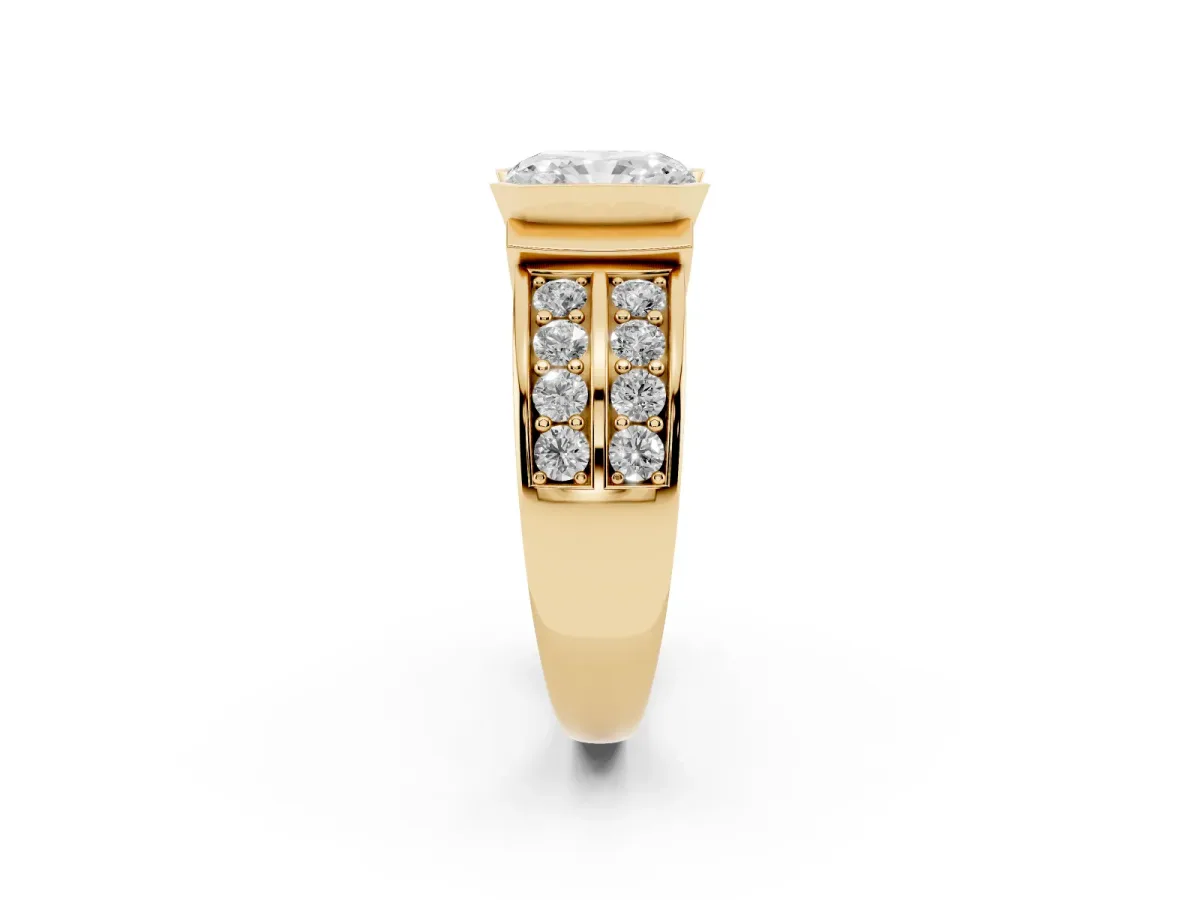 Radiant Cut Brilliant Diamond Channel Set Wide Band Ring with Bezel Setting Yellow gold