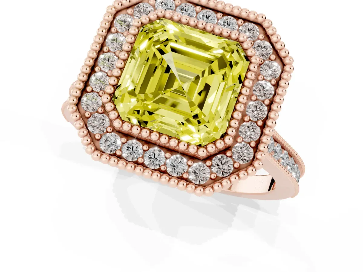 Fancy Yellow Asscher Cut Diamond Halo Ring with Milgrain Frame and Pavé Band Rose gold