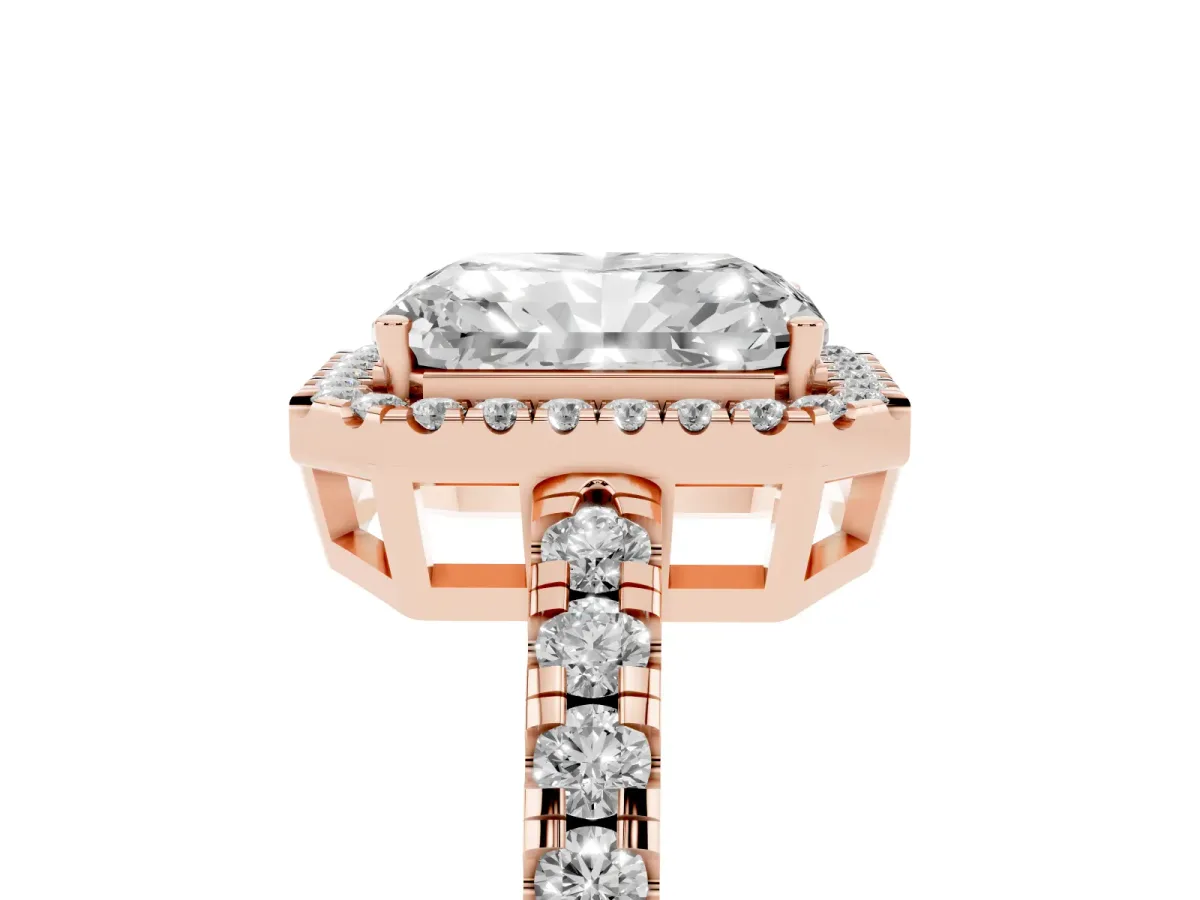 Radiant Cut Diamond Halo Ring with Pavé Band and Four-Prong Setting Rose gold