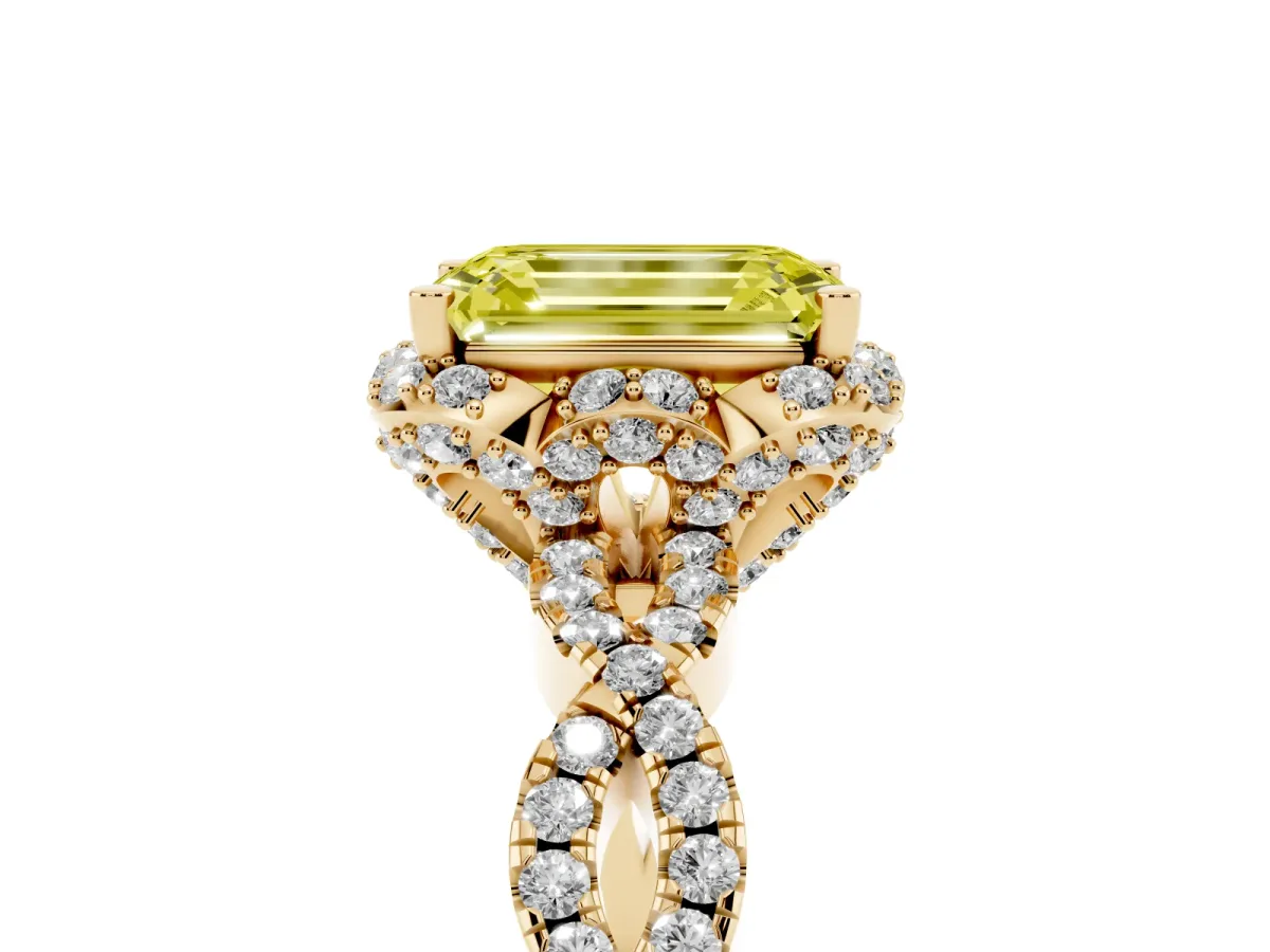 Fancy Yellow Emerald Cut Halo Twist Band Solitaire Ring with Six-Prong Setting Yellow gold