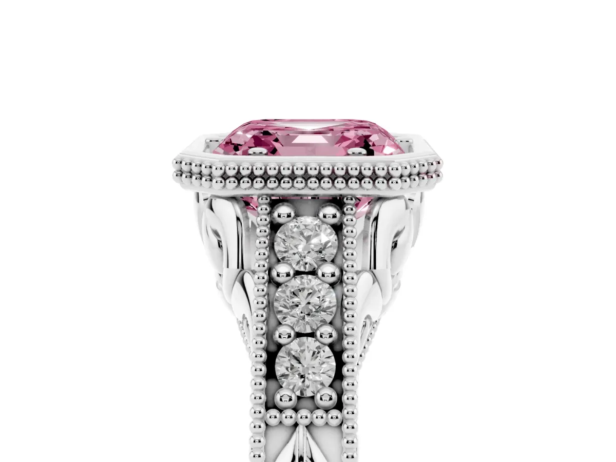 Fancy Pink Bezel Set Asscher Cut Diamond Milgrain Pave Engagement Ring Platinum