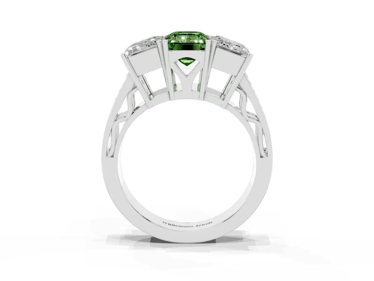 Fancy Green Emerald Cut Diamond Three-Stone Ring with Prong Setting and Textured Band Silver