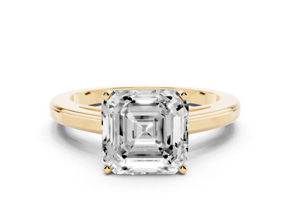 Asscher Cut Solitaire Diamond Ring with Four-Prong Setting and Classic Band Yellow gold