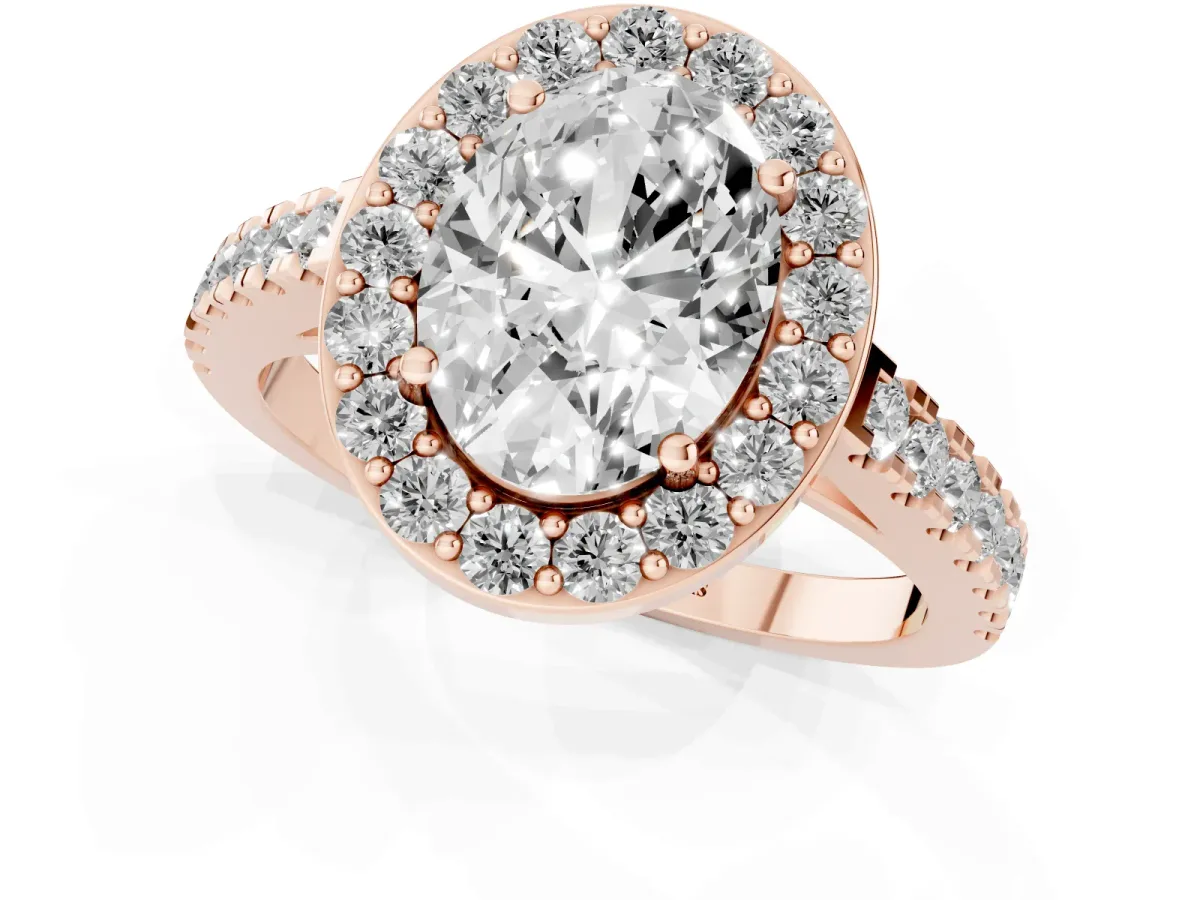 Oval Cut Diamond Halo Ring with Round Pavé Split Shank and Prong Setting Rose gold