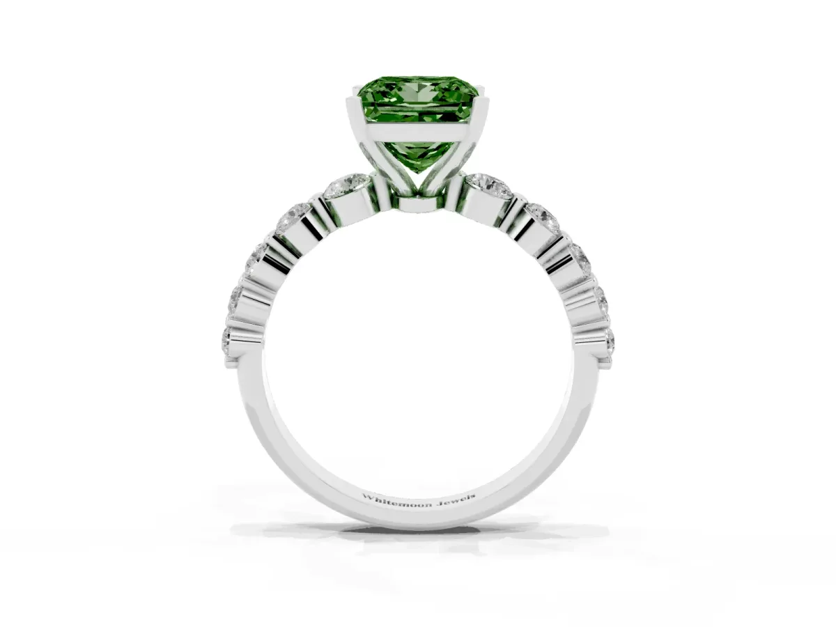 Fancy Green Princess Cut Solitaire Diamond Ring with Pave Band and Four-Prong Setting Silver
