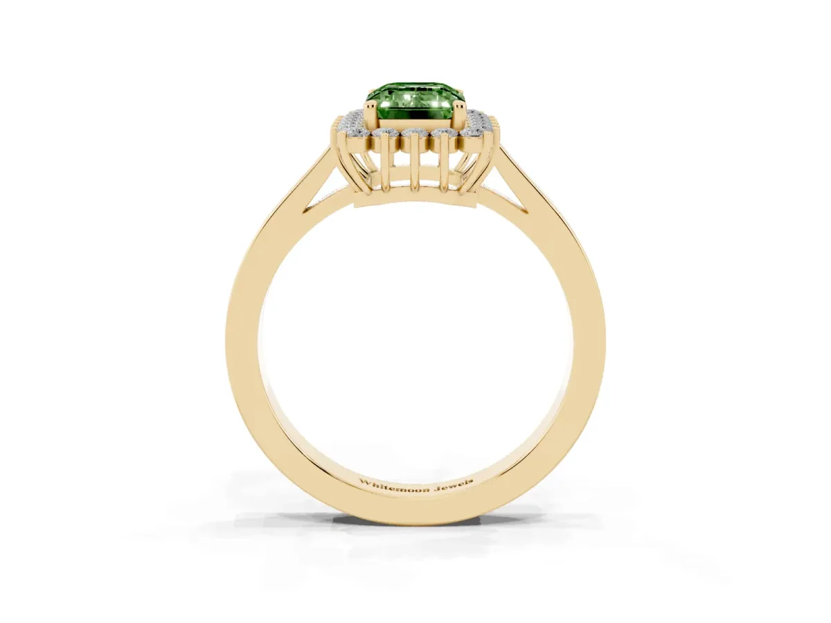 Fancy Green Emerald Cut Cut Diamond Halo Ring with Round Brilliant Halo and Solitaire Band Yellow gold