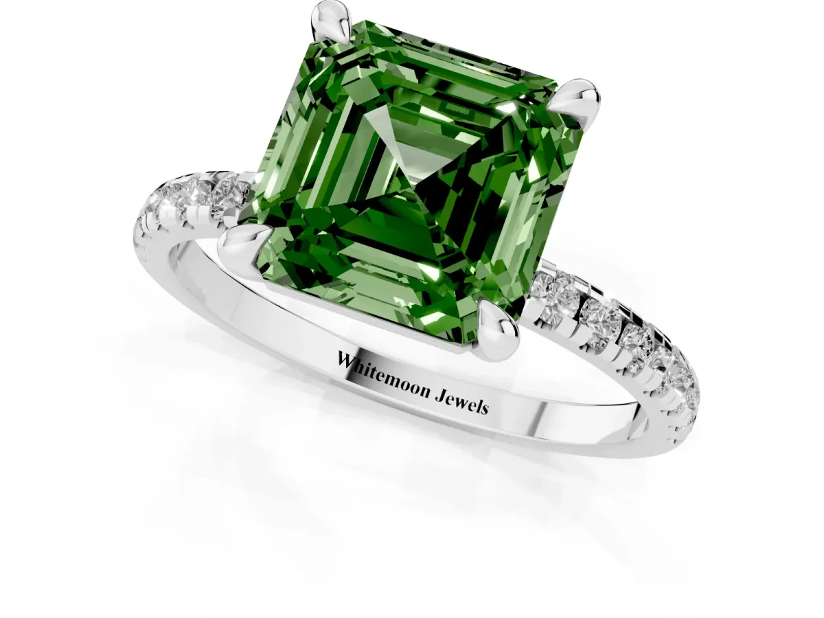 Fancy Green Asscher Cut Diamond Brilliant Solitaire Ring with Pavé Band and Four-Prong Setting White gold
