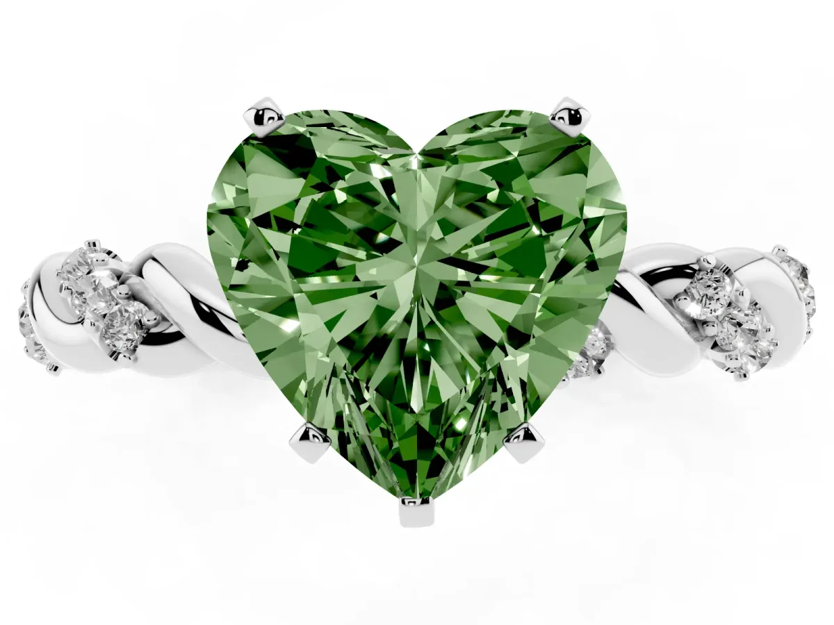 Fancy Green Heart Cut Diamond Solitaire Ring with Twisted Band and Pavé Accents Silver