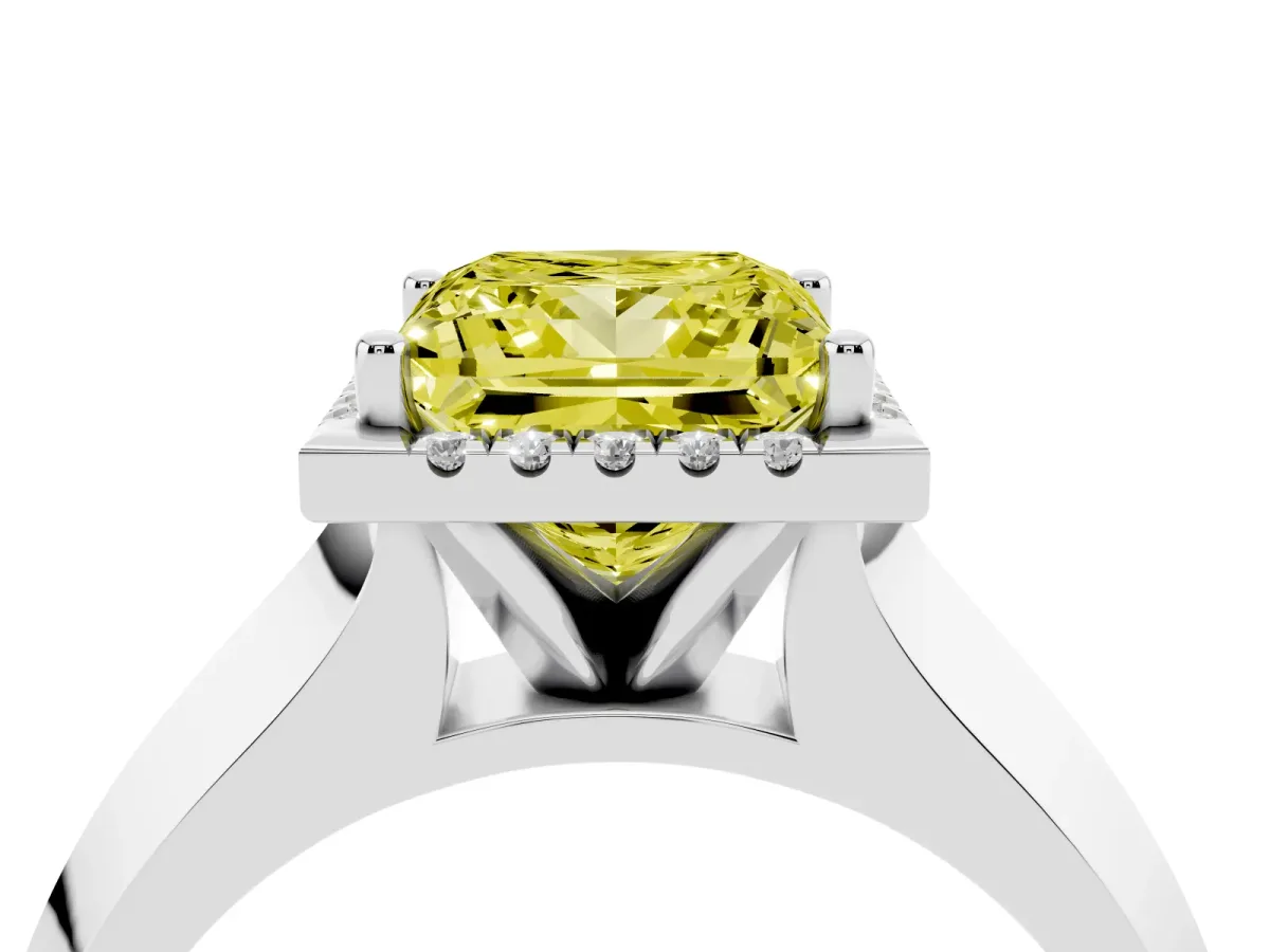 Fancy Yellow Princess Cut Halo Diamond Ring with Cathedral Band and Four-Prong Setting Platinum