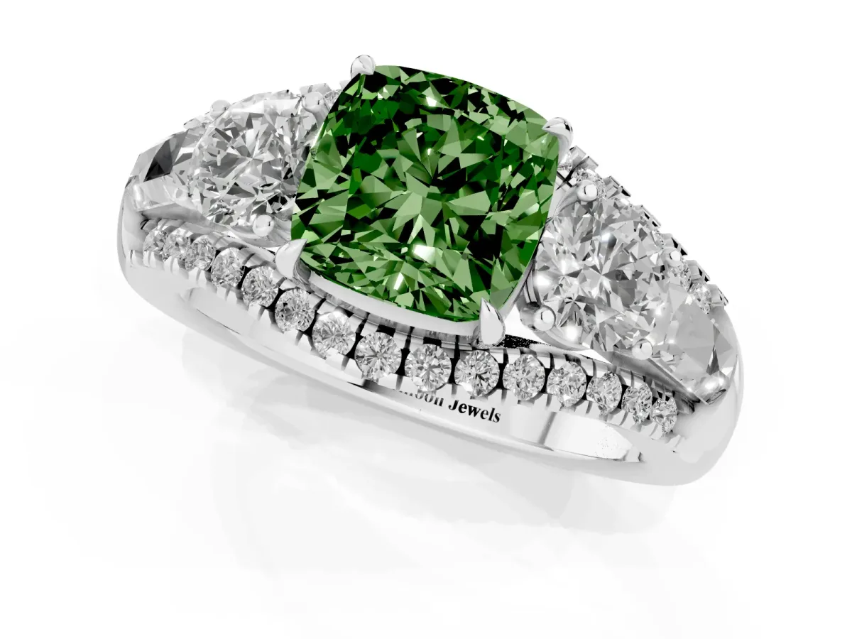 Fancy Green Three-Stone Cushion Cut Diamond Engagement Ring with Pave Band and Prong Setting Silver