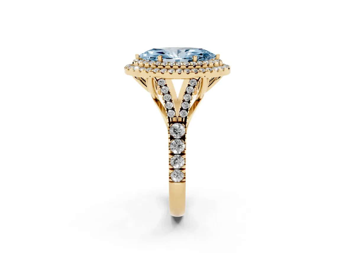Fancy Blue Marquise Cut Cut Double Halo Split Shank Diamond Ring with Prong Setting Yellow gold