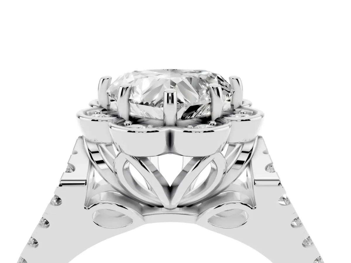 Heart Cut Halo Diamond Floral Split Shank Engagement Ring Silver