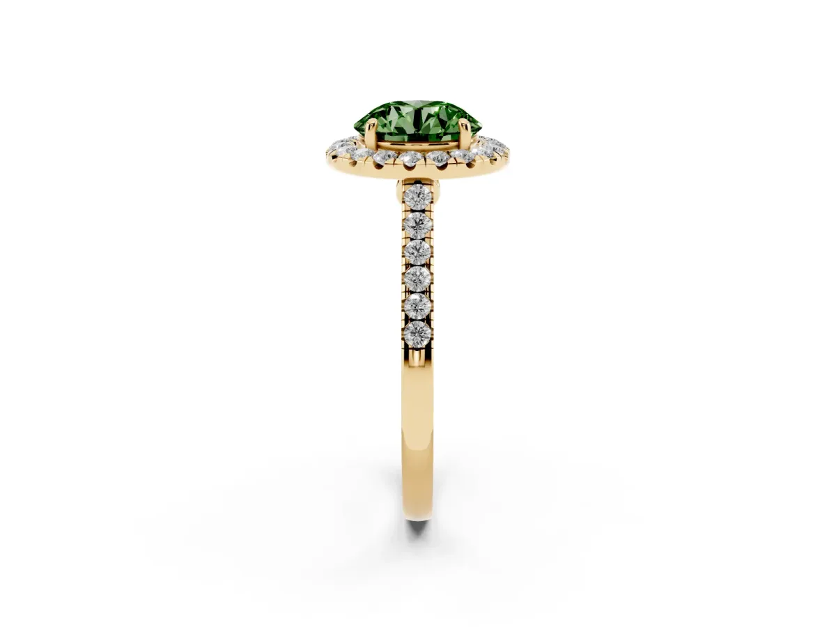 Fancy Green Round Cut Halo Pave Diamond Engagement Ring with Four-Prong Setting Yellow gold
