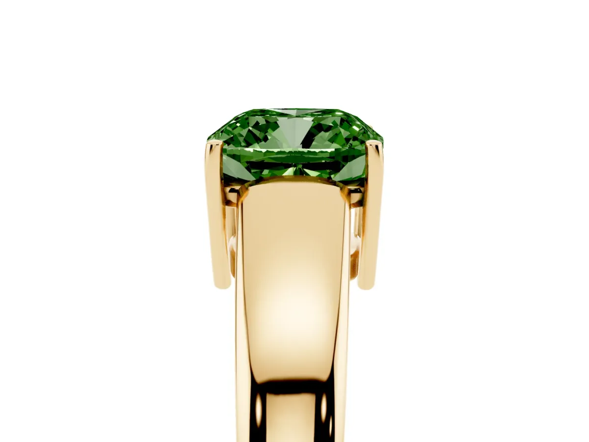 Fancy Green Cushion Cut Solitaire Diamond Ring with Tapered Band and Four-Prong Setting Yellow gold