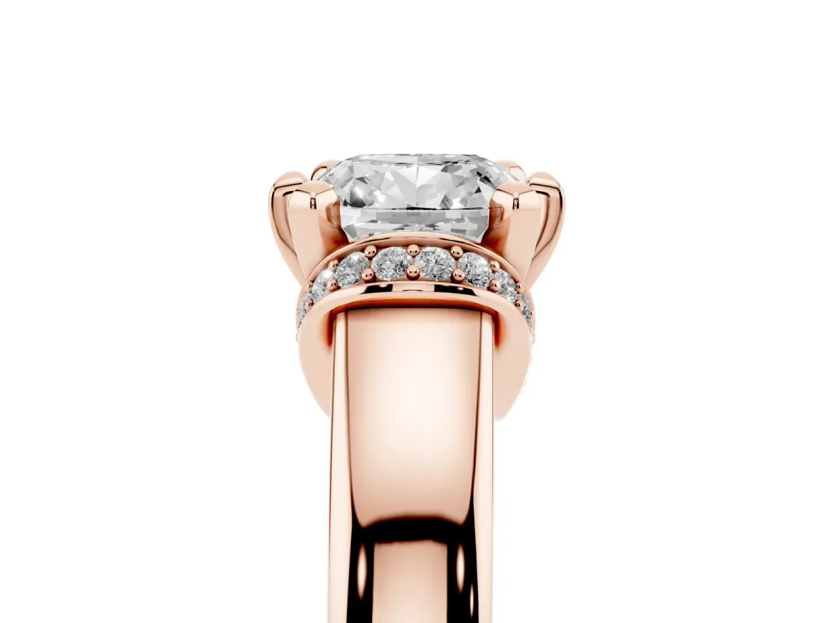 Cushion Cut Solitaire Diamond Ring with Pave Band and Six-Prong Setting Rose gold