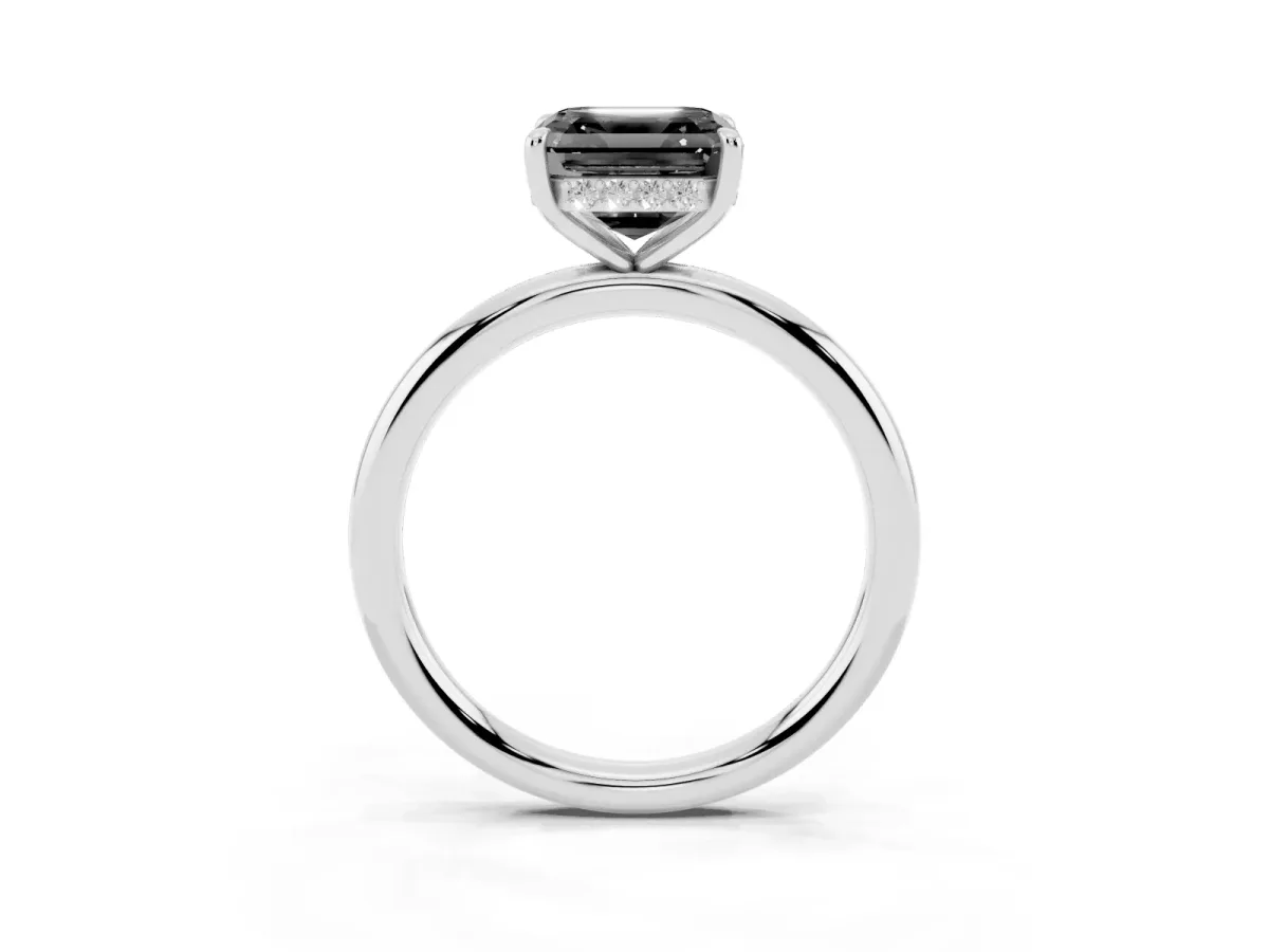 Fancy Black Asscher Cut Diamond Solitaire Ring with Thin Band and Four-Prong Setting Silver