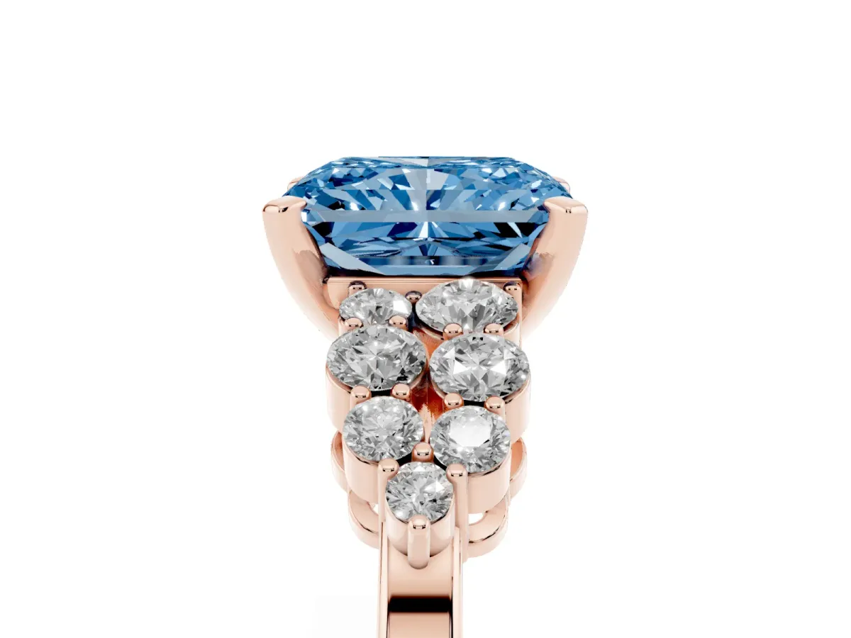Fancy Blue Radiant Cut Cluster Diamond Engagement Ring with Pavé Band and Four-Prong Setting Rose gold