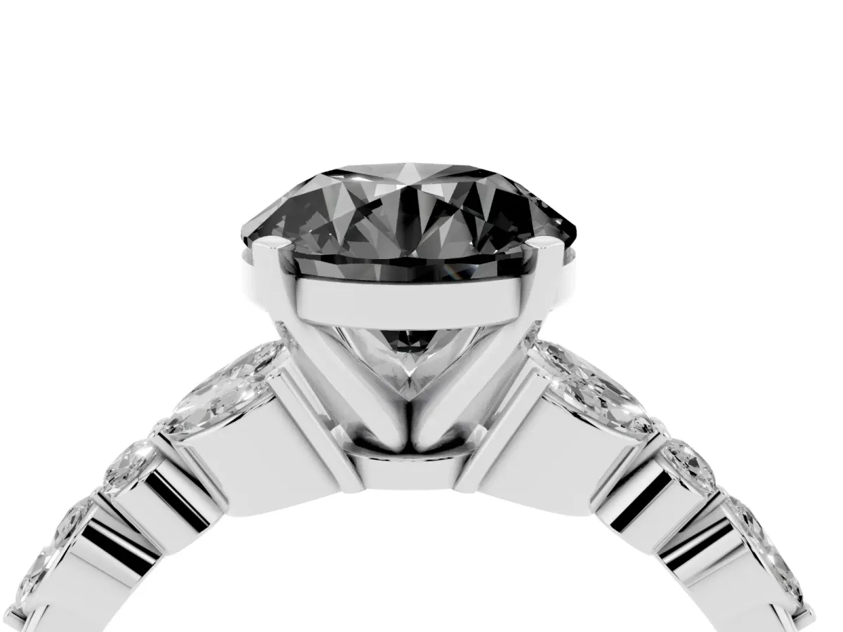 Fancy Black Round Cut Diamond Solitaire Ring with Side Stones and Four-Prong Setting Silver