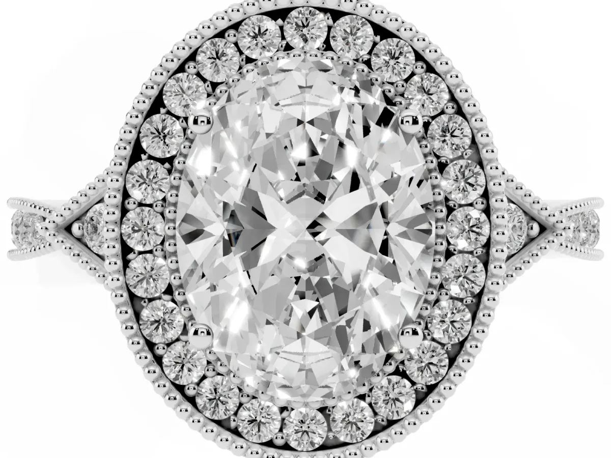 Oval Cut Halo Round Diamond Milgrain Pave Engagement Ring Silver