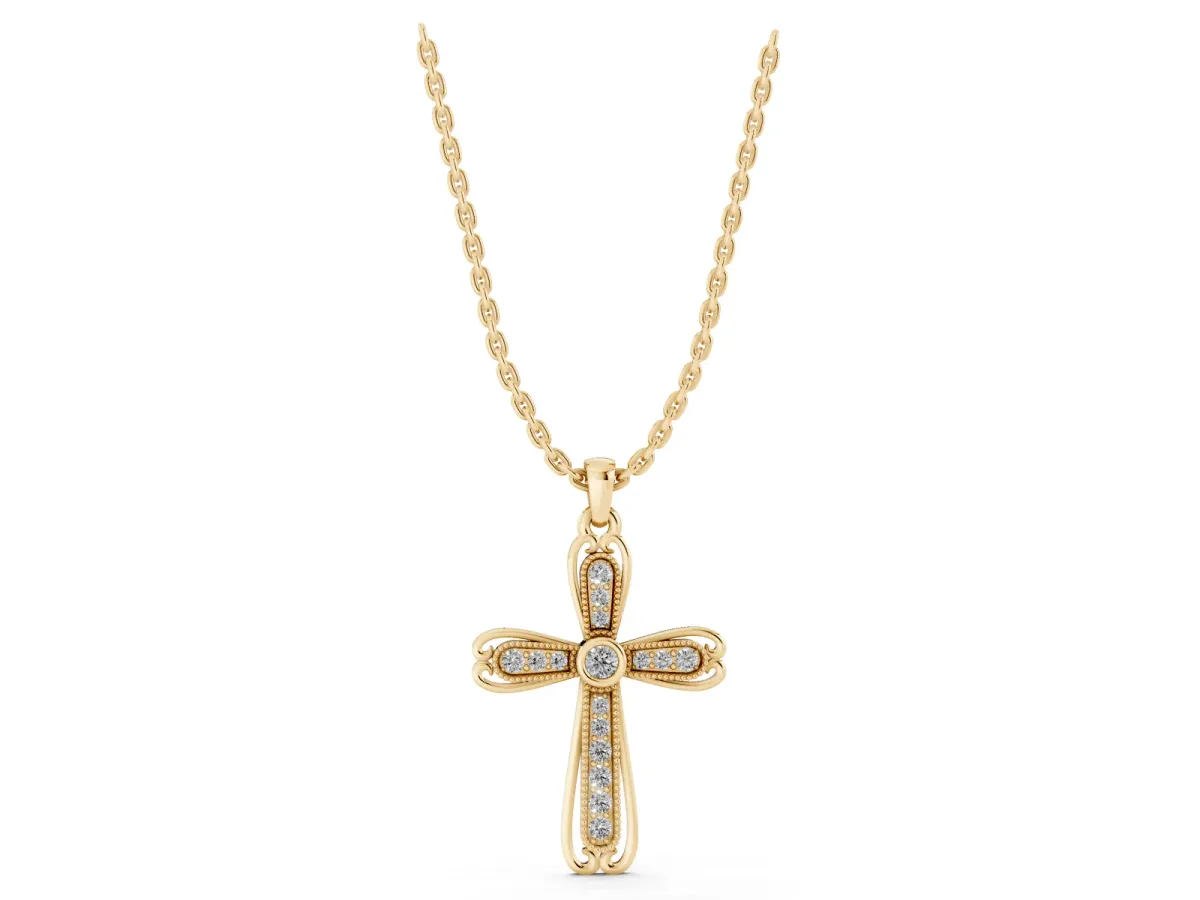 Pavé Round Diamond Cross Pendant with Bezel Setting Yellow gold