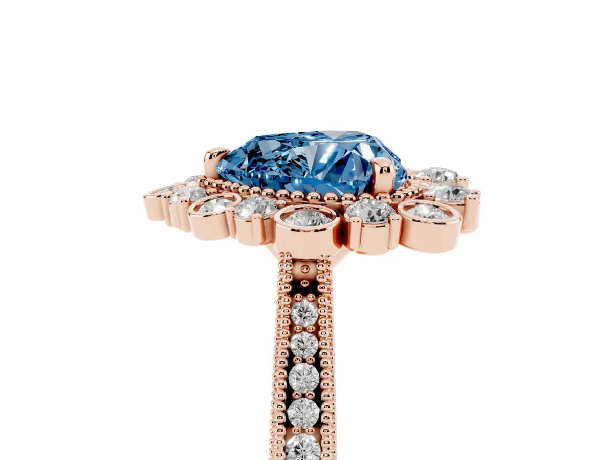 Fancy Blue Heart Cut Halo Milgrain Pave Diamond Ring with Four-Prong Setting Rose gold