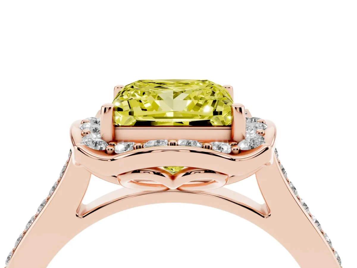Fancy Yellow Princess Cut Halo Round Diamond Pave Band with Four-Prong Setting Rose gold
