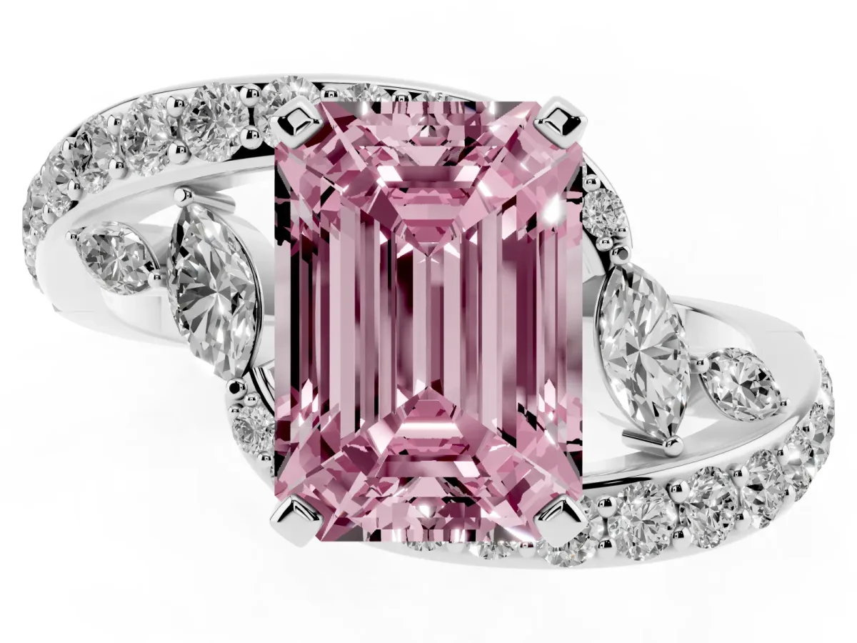Fancy Pink Emerald Cut Solitaire with Pavé Twist Band and Four-Prong Setting Silver