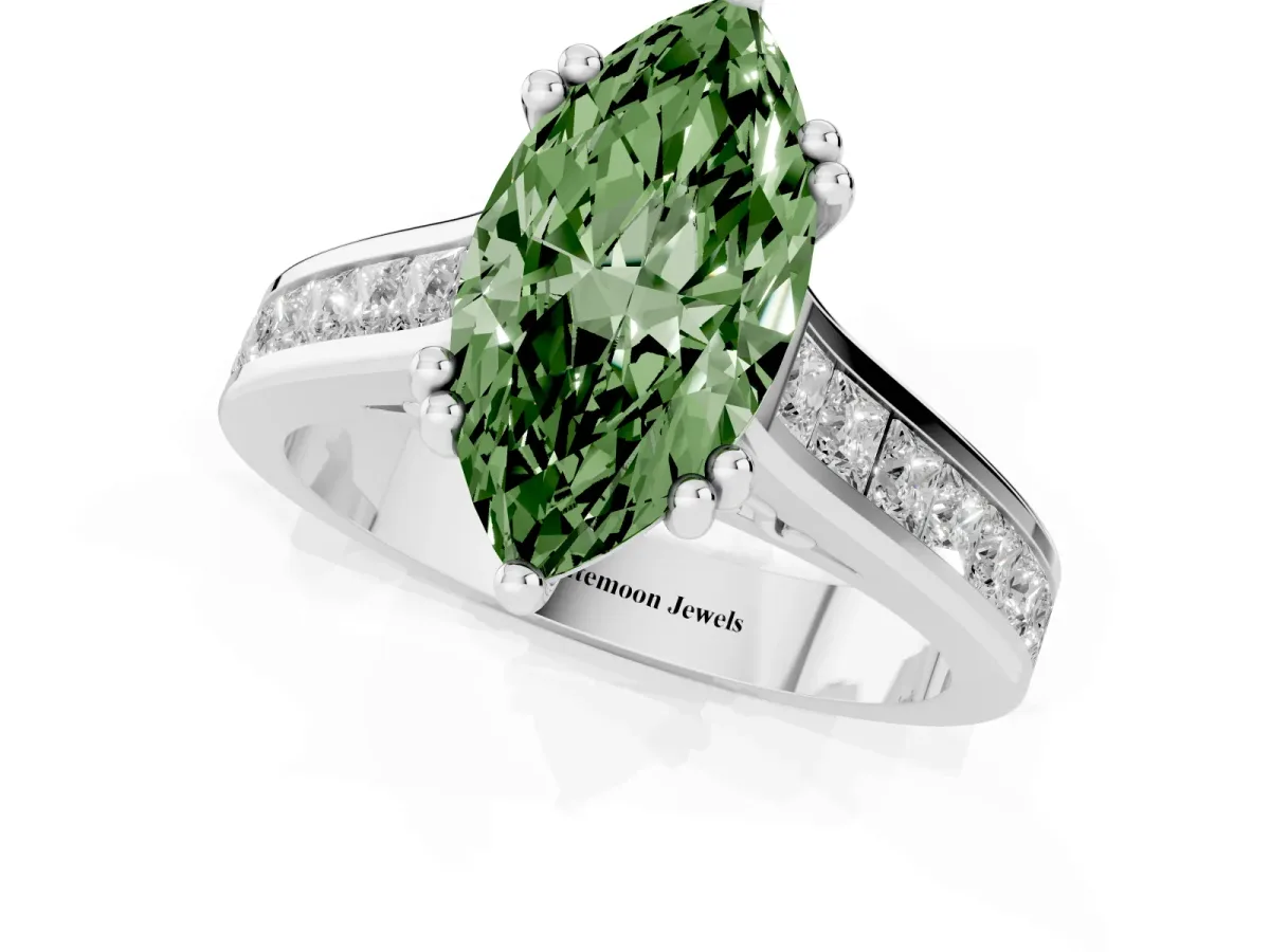 Fancy Green Marquise Cut Cut Channel Set Solitaire Engagement Ring with Prong Setting Silver