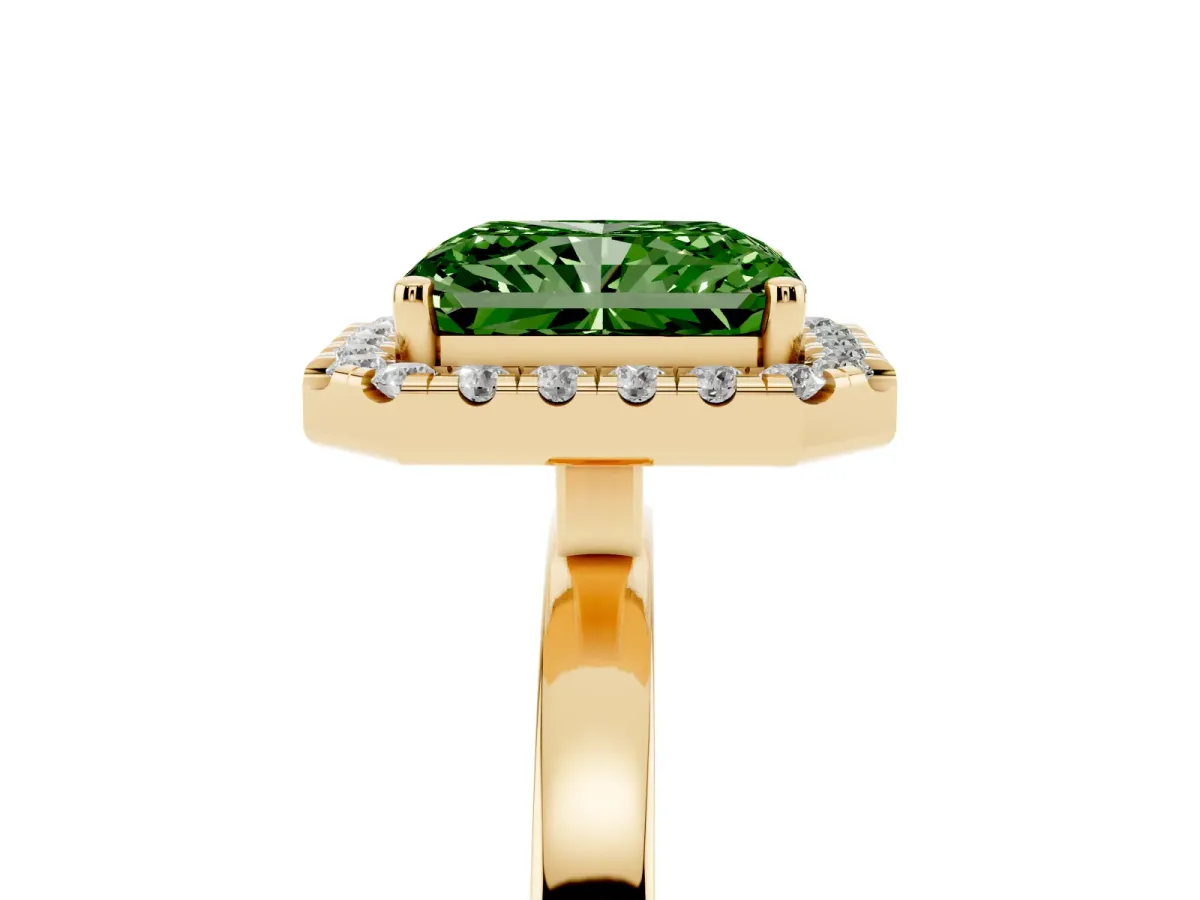 Fancy Green Radiant Cut Halo Diamond Solitaire with Pavé Band and Four-Prong Setting Yellow gold